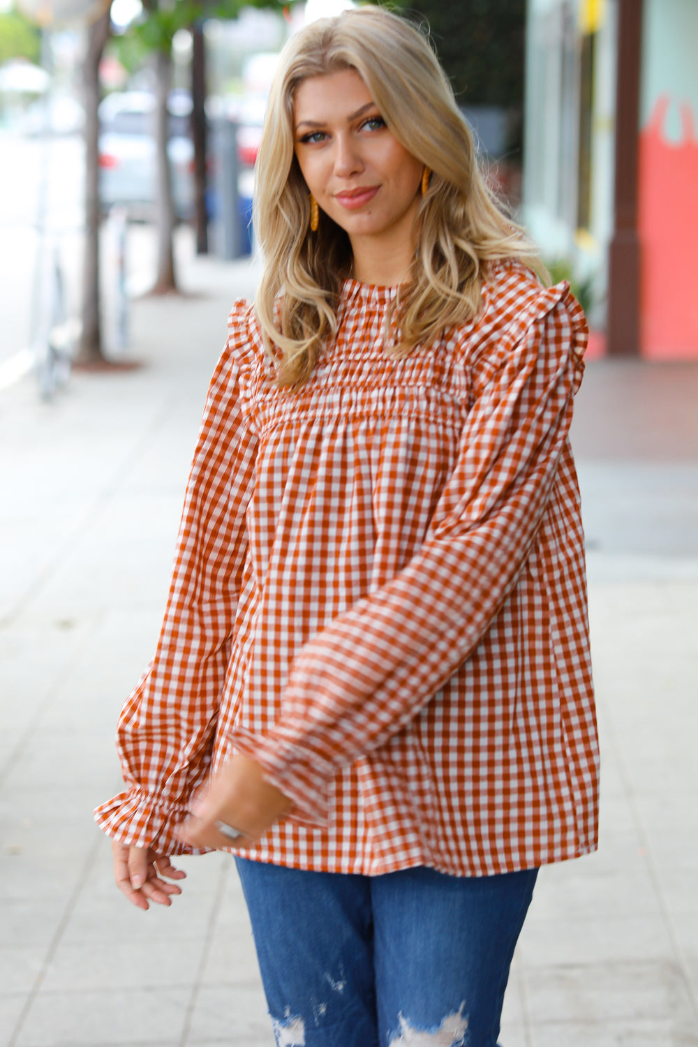 ADORABLE IN GINGHAM MOCK NECK TOP