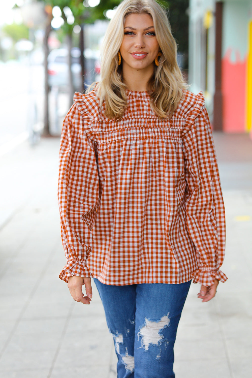 ADORABLE IN GINGHAM MOCK NECK TOP