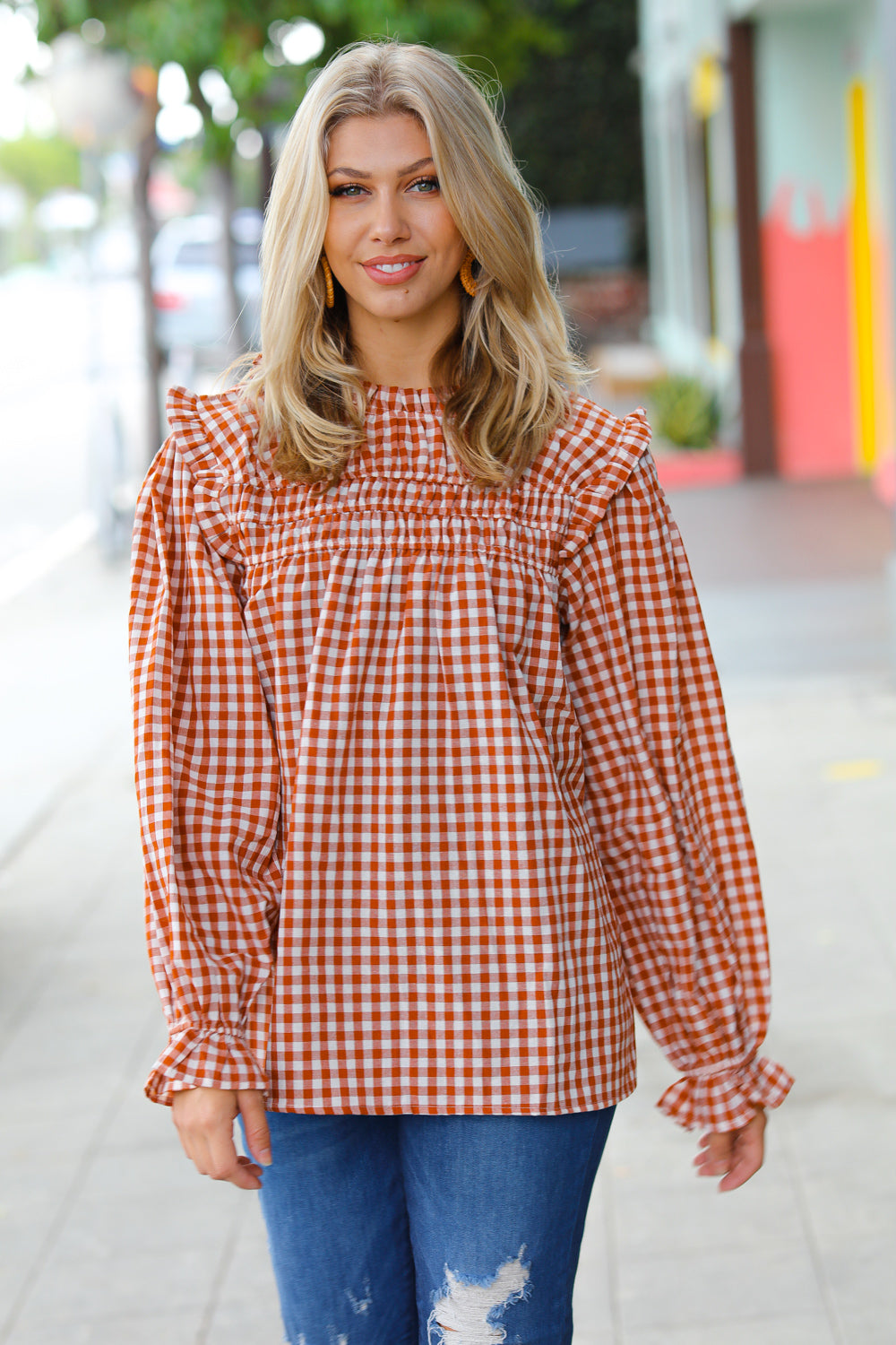 ADORABLE IN GINGHAM MOCK NECK TOP