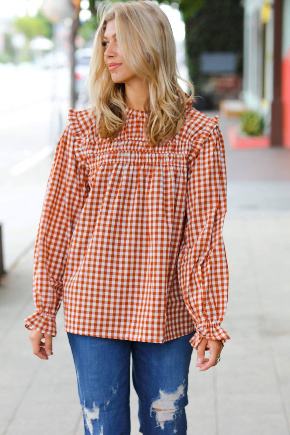 ADORABLE IN GINGHAM MOCK NECK TOP