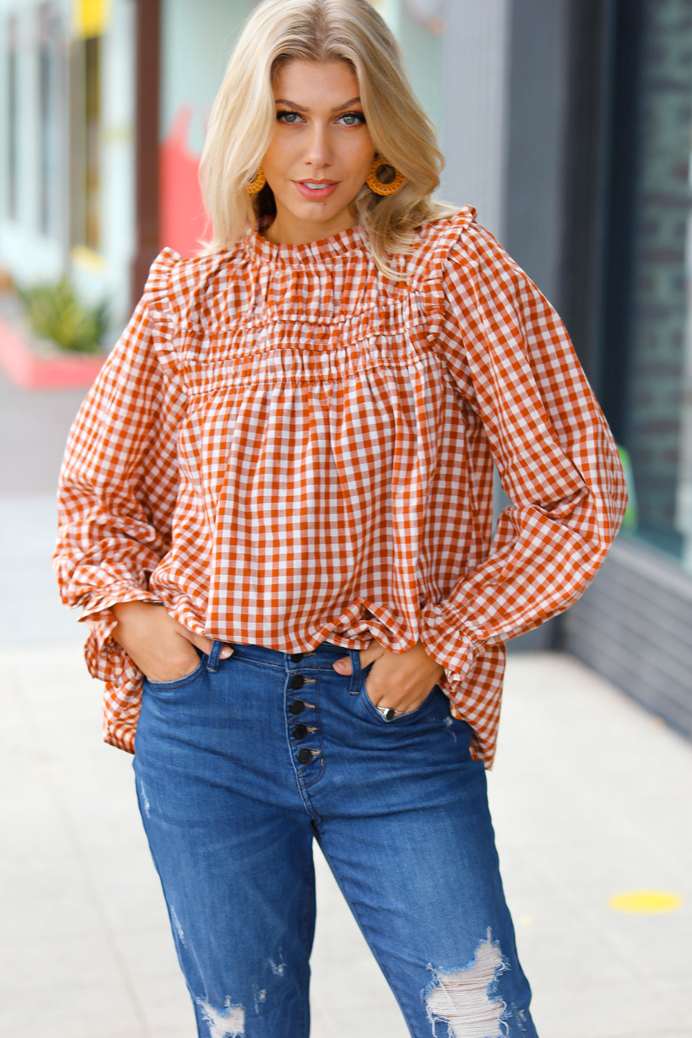 ADORABLE IN GINGHAM MOCK NECK TOP