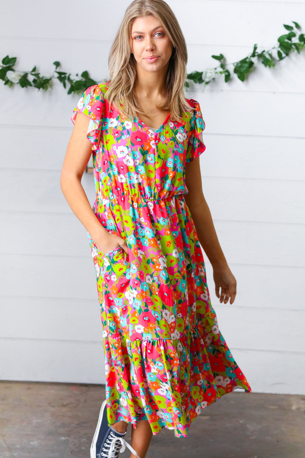 Multicolor Floral Boho Elastic Waist Ruffle Midi Dress