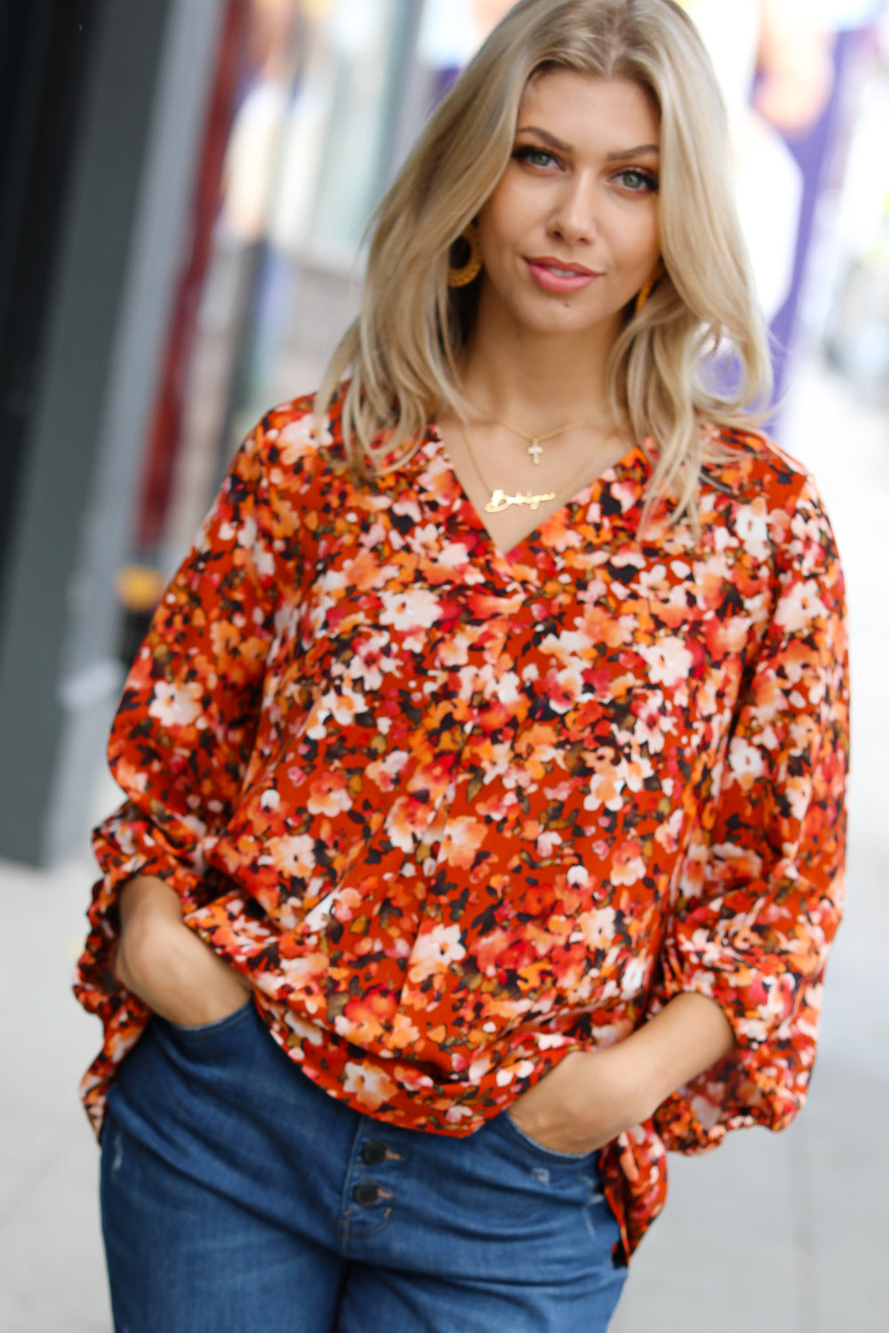 Rust Floral Print V Neck Woven Top