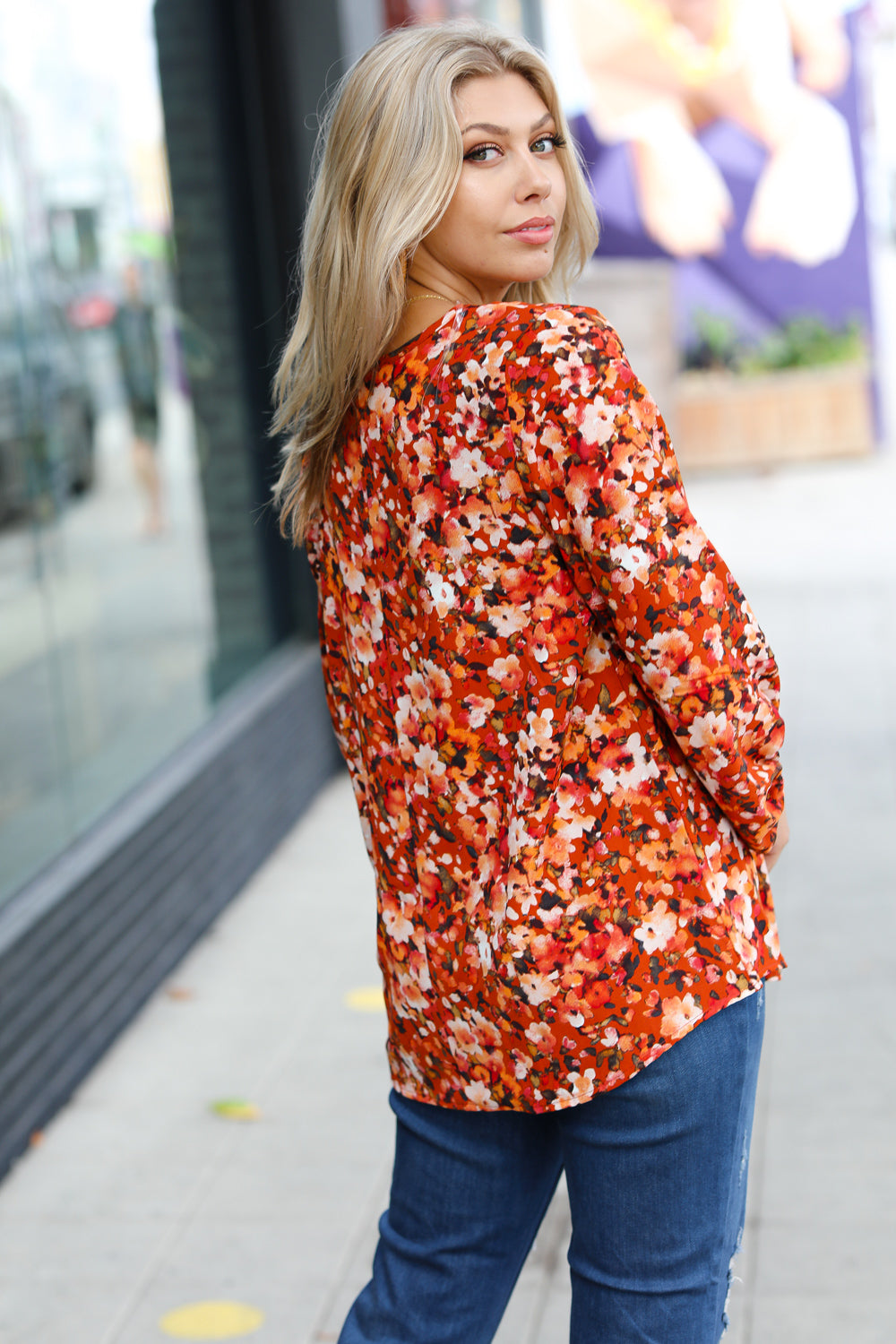 Rust Floral Print V Neck Woven Top