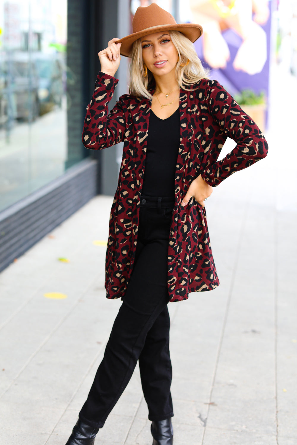 Weekend Envy Burgundy Animal Print Open Cardigan