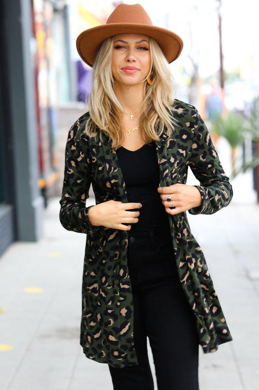 Weekend Envy Olive Animal Print Open Cardigan