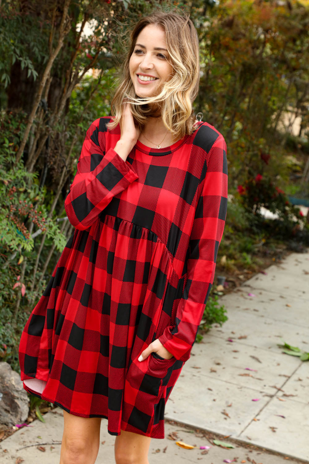 Plaid Babydoll Midi Swing Dress with Pockets