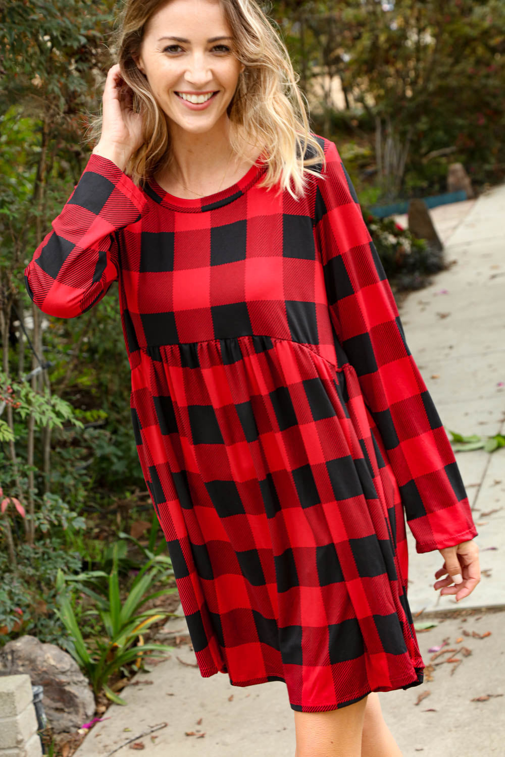 Plaid Babydoll Midi Swing Dress with Pockets