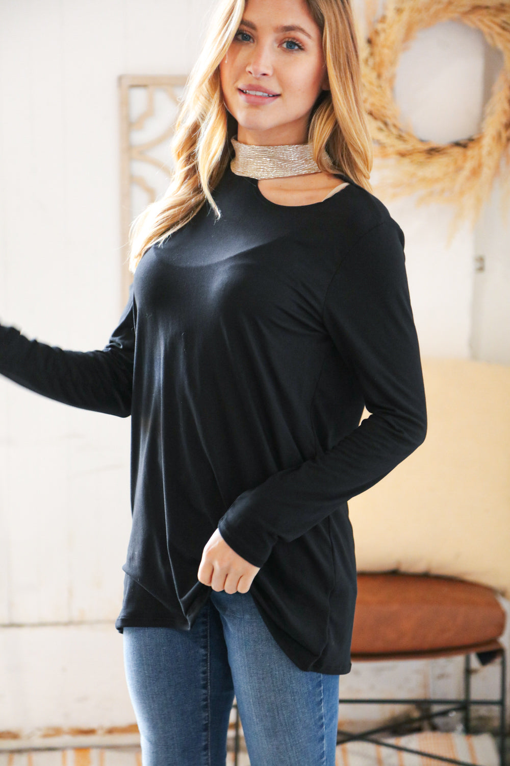 Shimmer Foil Neck Band Cold Shoulder Holiday Top