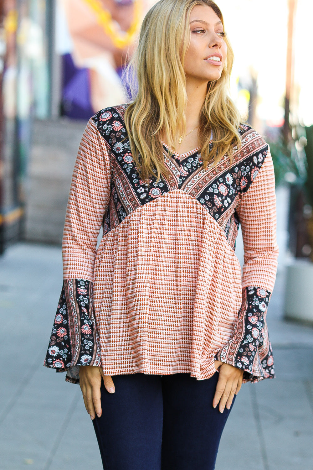 Rust Boho Floral Stripe Two Tone Bell Sleeve Top