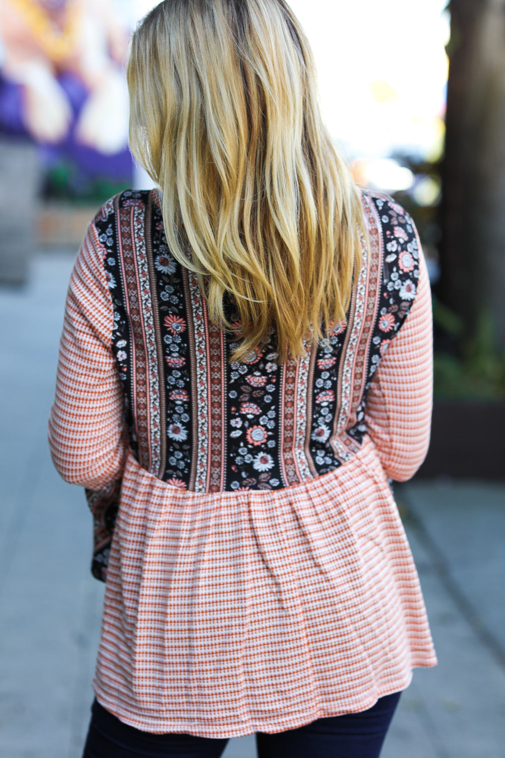 Rust Boho Floral Stripe Two Tone Bell Sleeve Top