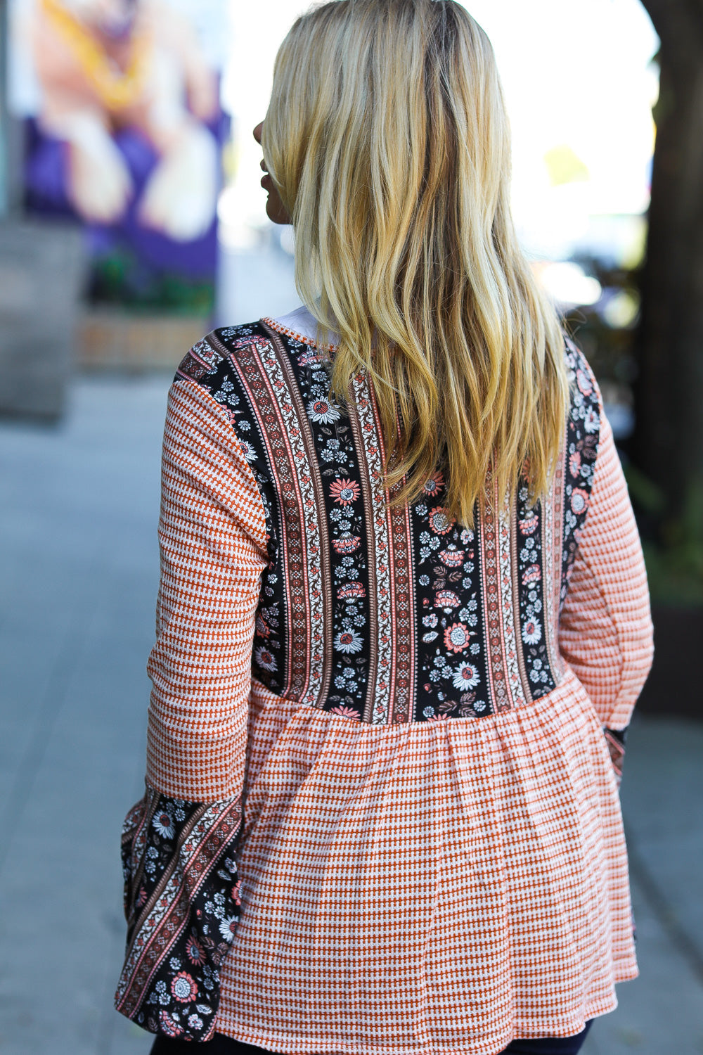 Rust Boho Floral Stripe Two Tone Bell Sleeve Top