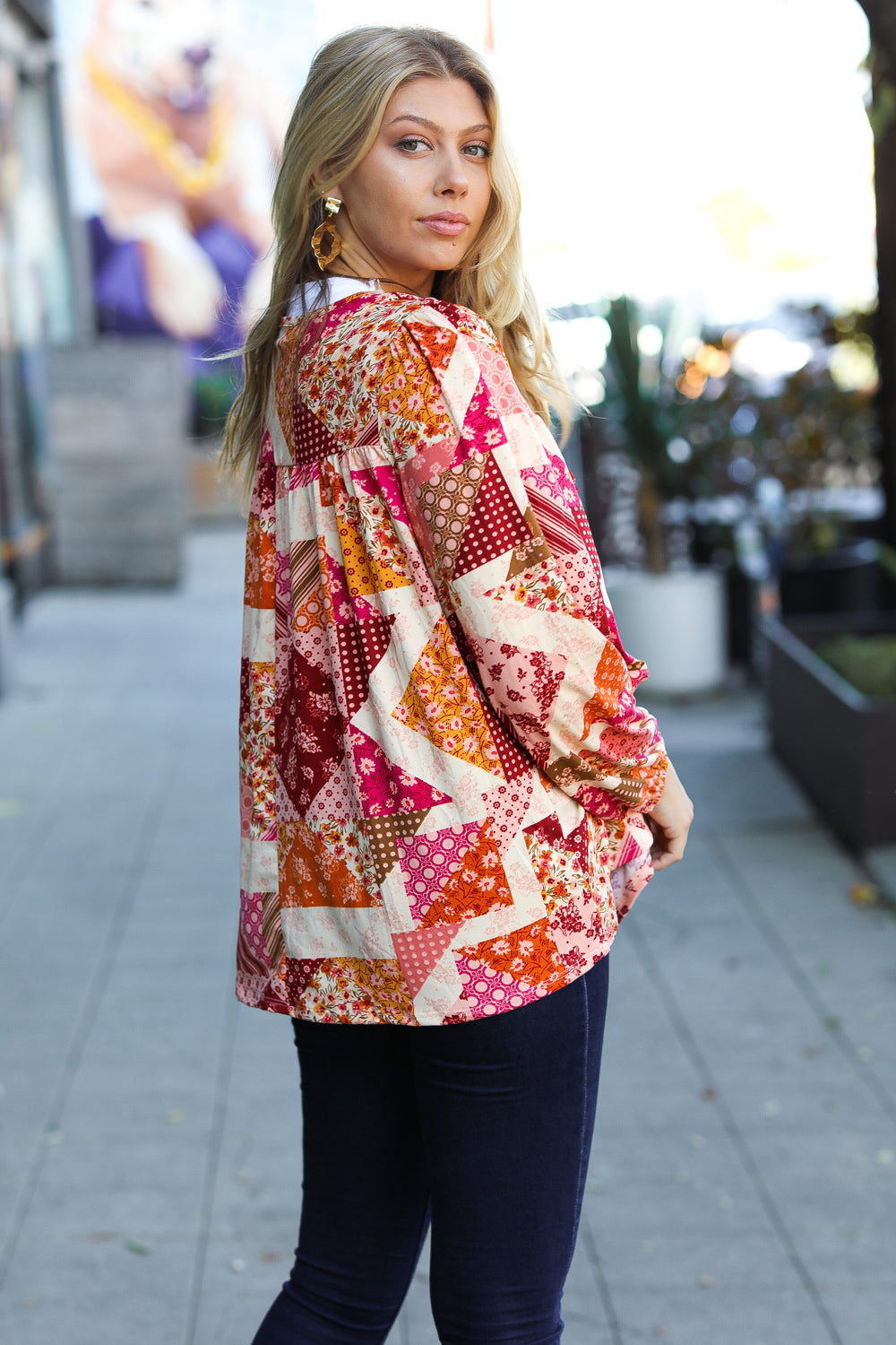 Rust/Magenta Patchwork Print Front Tie Boho Top