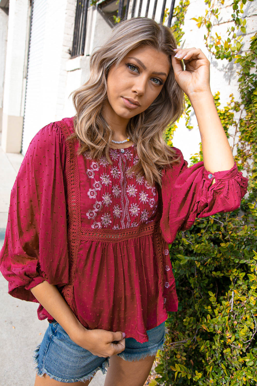 Cranberry Boho Crochet Lace Eyelet Swiss Dot Top