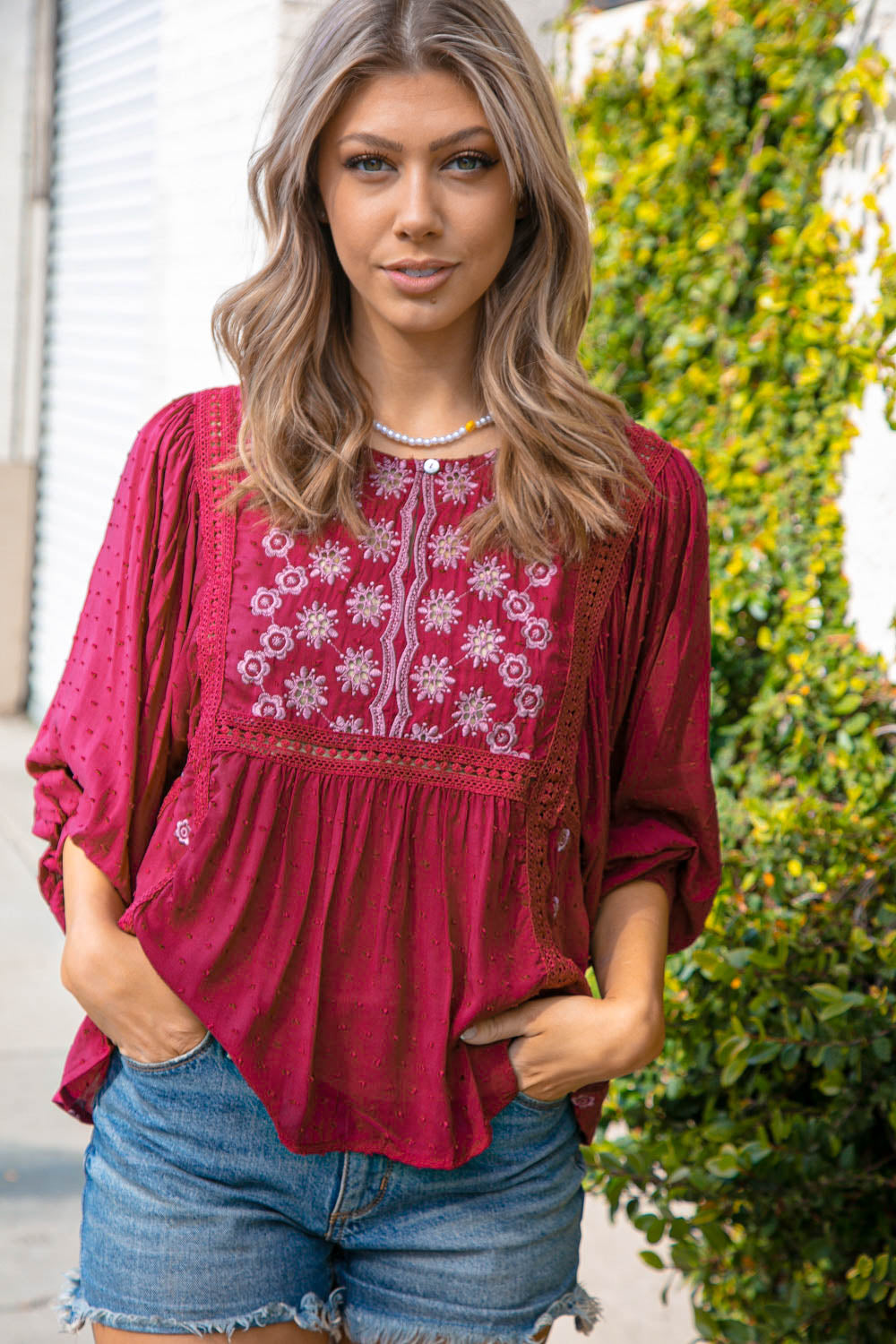 Cranberry Boho Crochet Lace Eyelet Swiss Dot Top