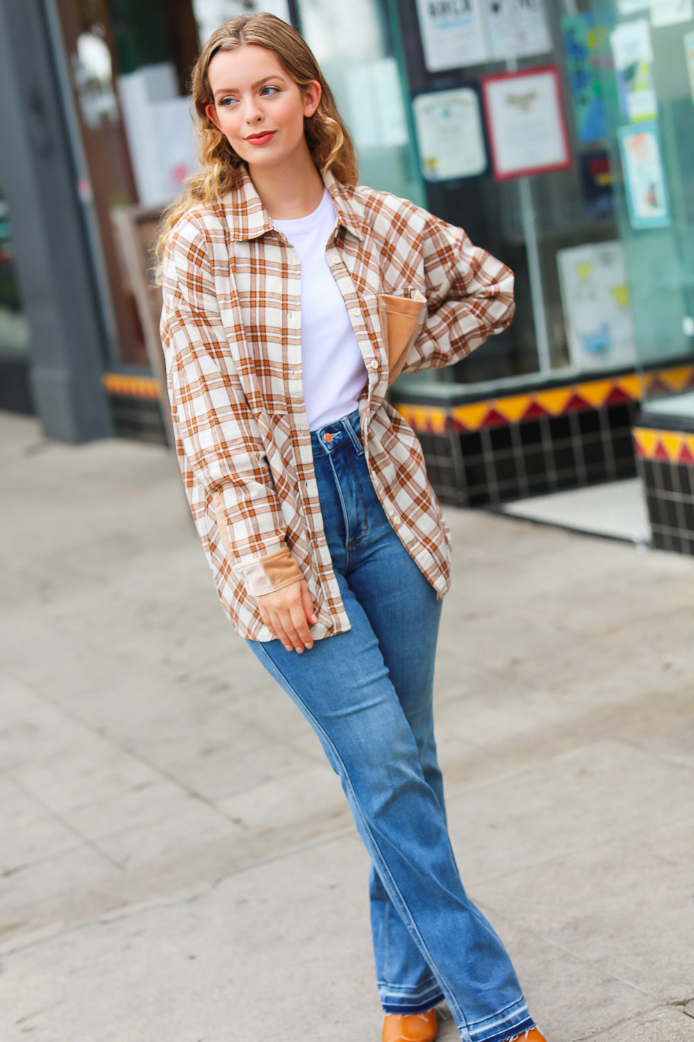 Eyes On You Taupe Plaid Velvet Pocket Button Down Top