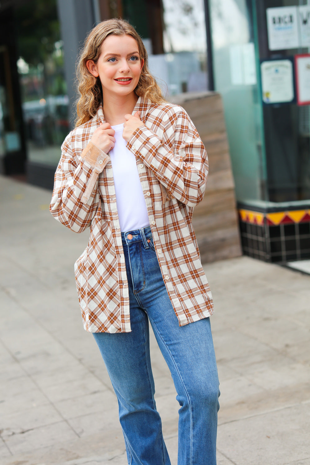 Eyes On You Taupe Plaid Velvet Pocket Button Down Top