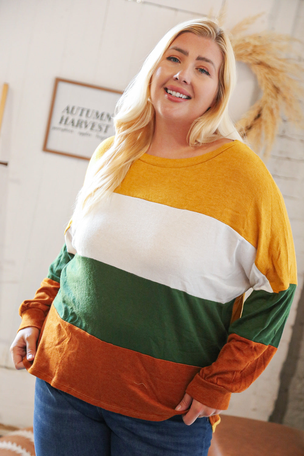 Mustard & Green Color Block Hacci Knit Top