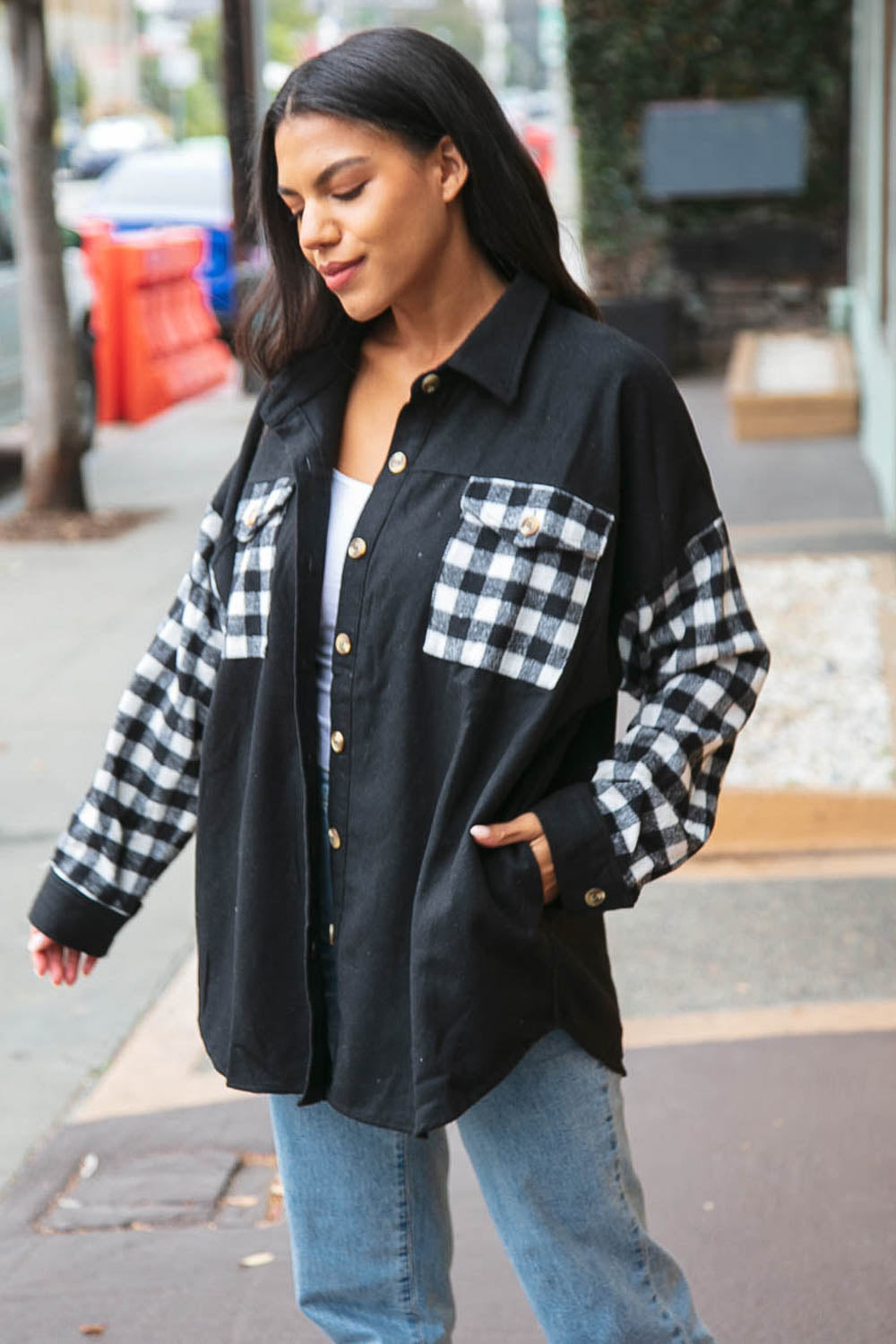 Buffalo Plaid Color Black Button Down Jacket