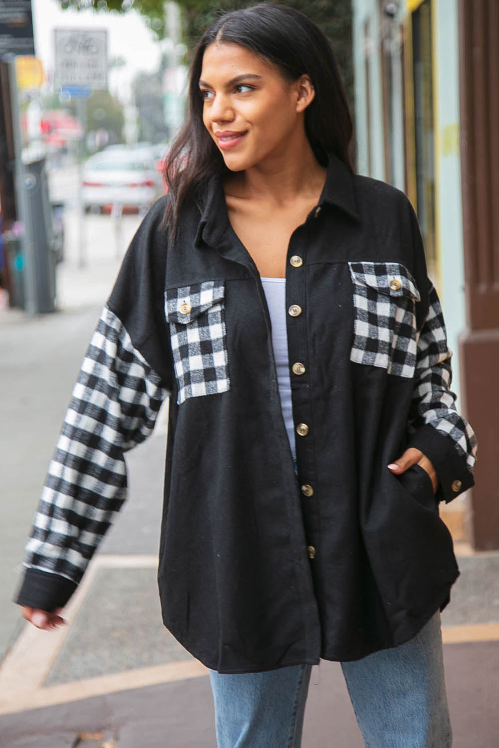 Buffalo Plaid Color Black Button Down Jacket