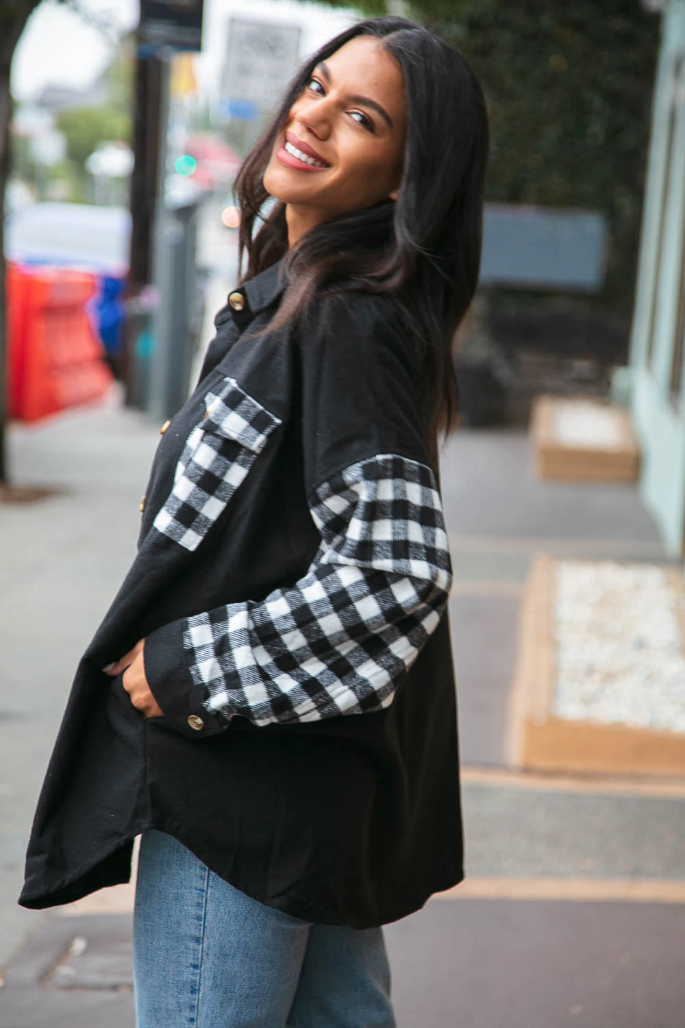 Buffalo Plaid Color Black Button Down Jacket