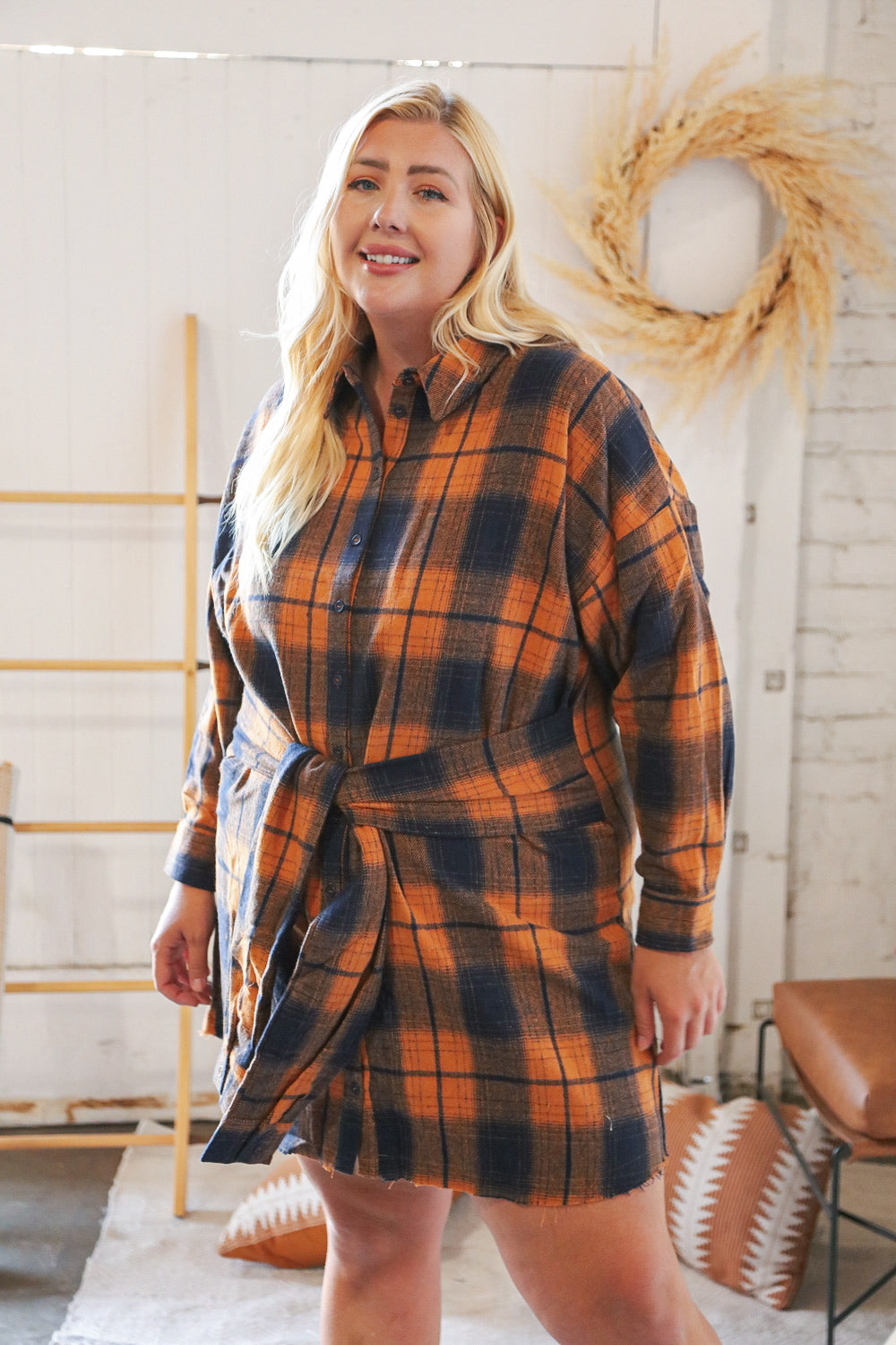 Navy & Rust Plaid Flannel Button Down Waist Tie Dress