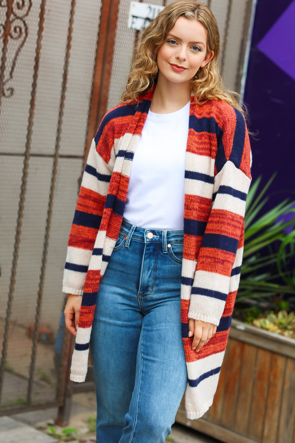 All Put Together Rust & Navy Striped Pocketed Cardigan