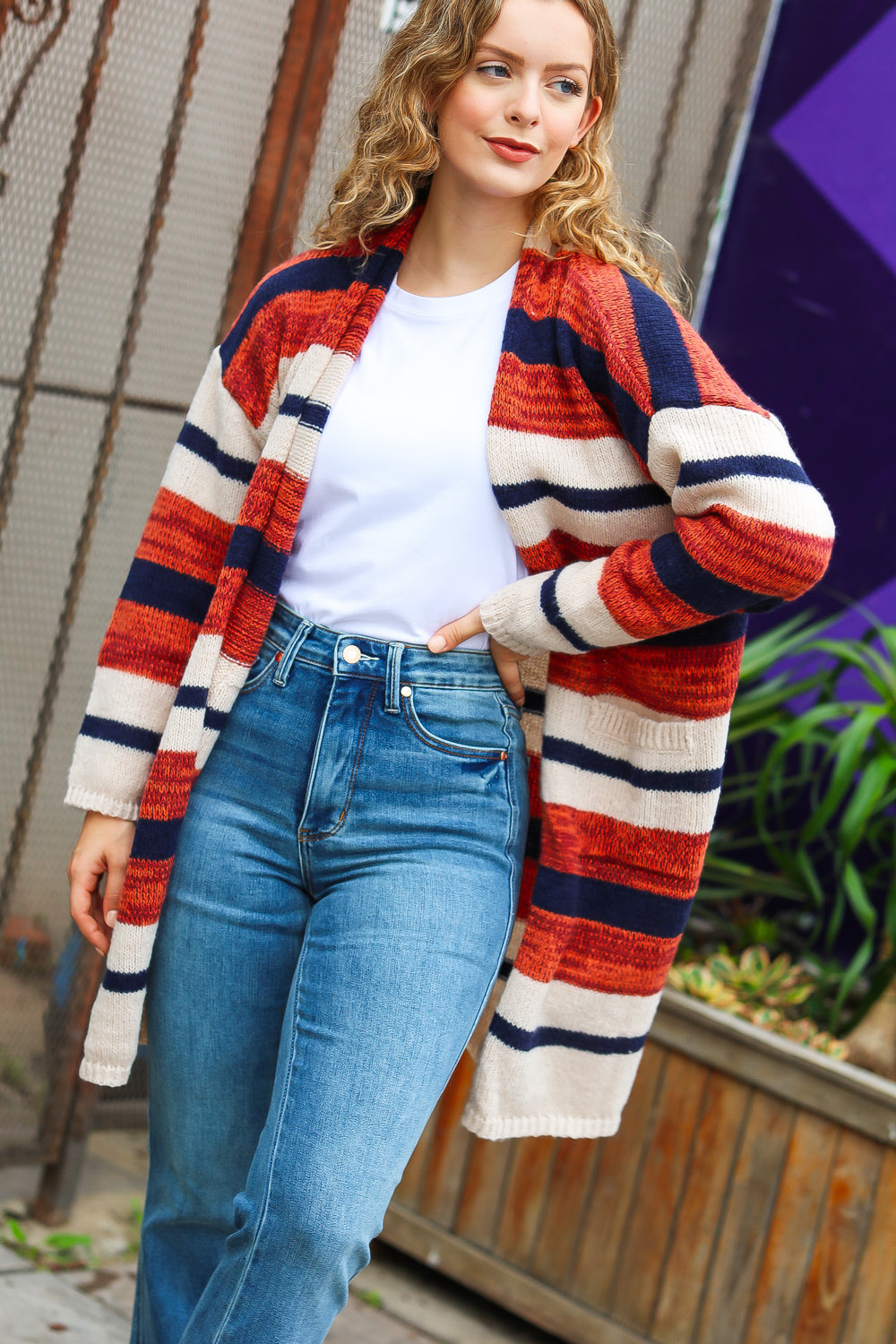 All Put Together Rust & Navy Striped Pocketed Cardigan