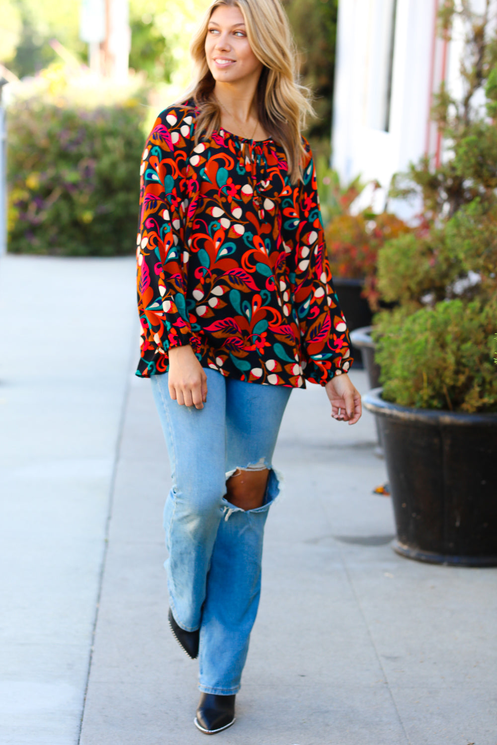 Magenta & Rust Boho Floral Bubble Sleeve Top