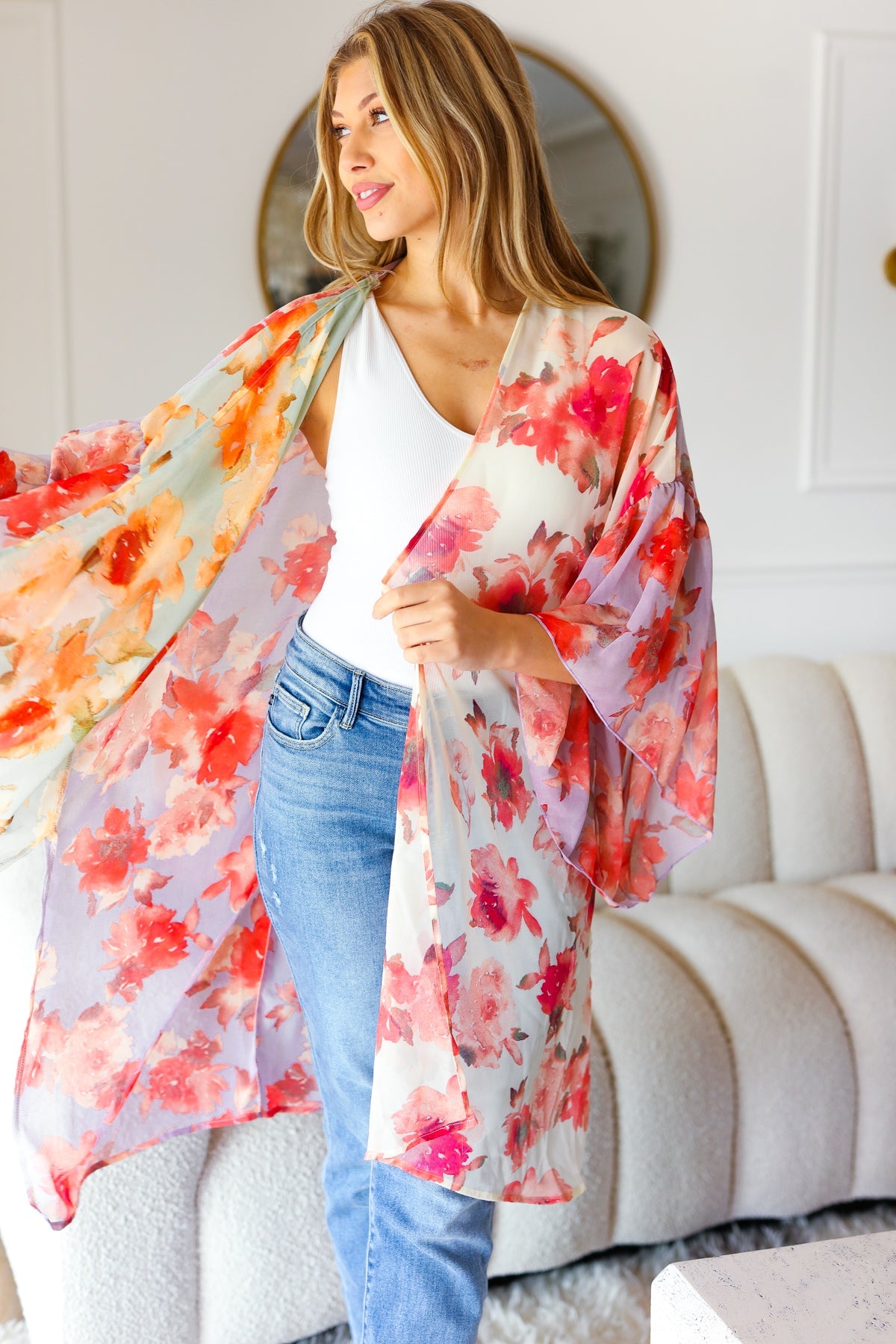 FLORAL BREEZE KIMONO - SAND & FUCHSIA