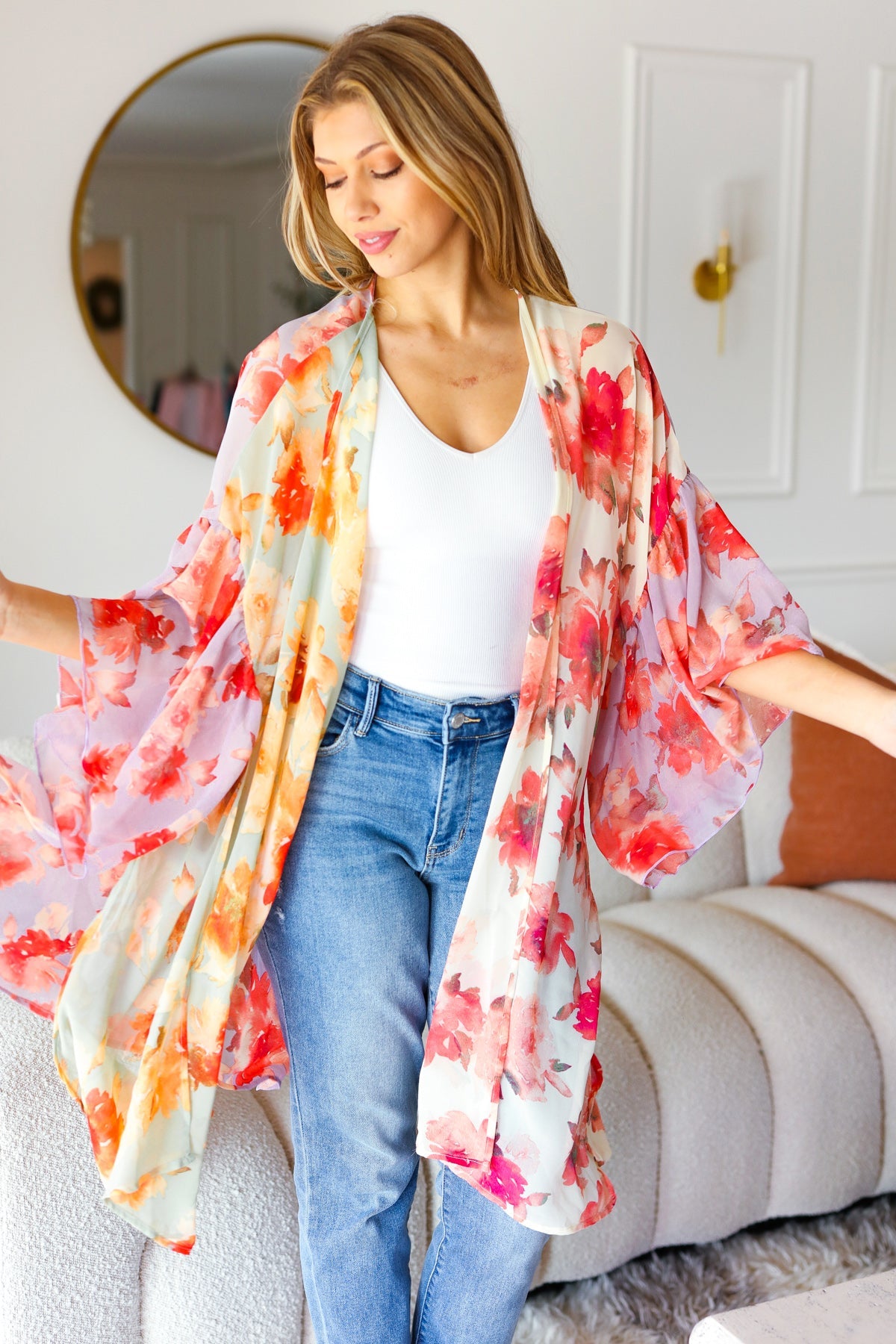 FLORAL BREEZE KIMONO - SAND & FUCHSIA