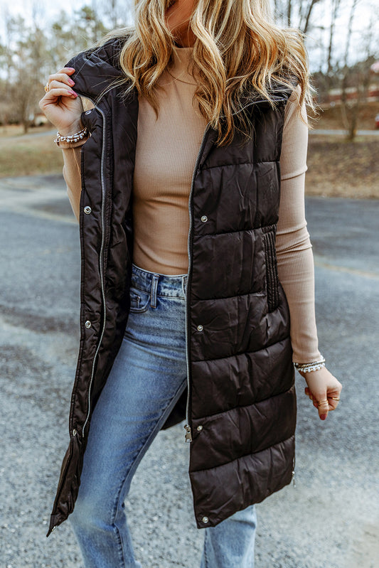 HOODED LONG QUILTED VEST COAT