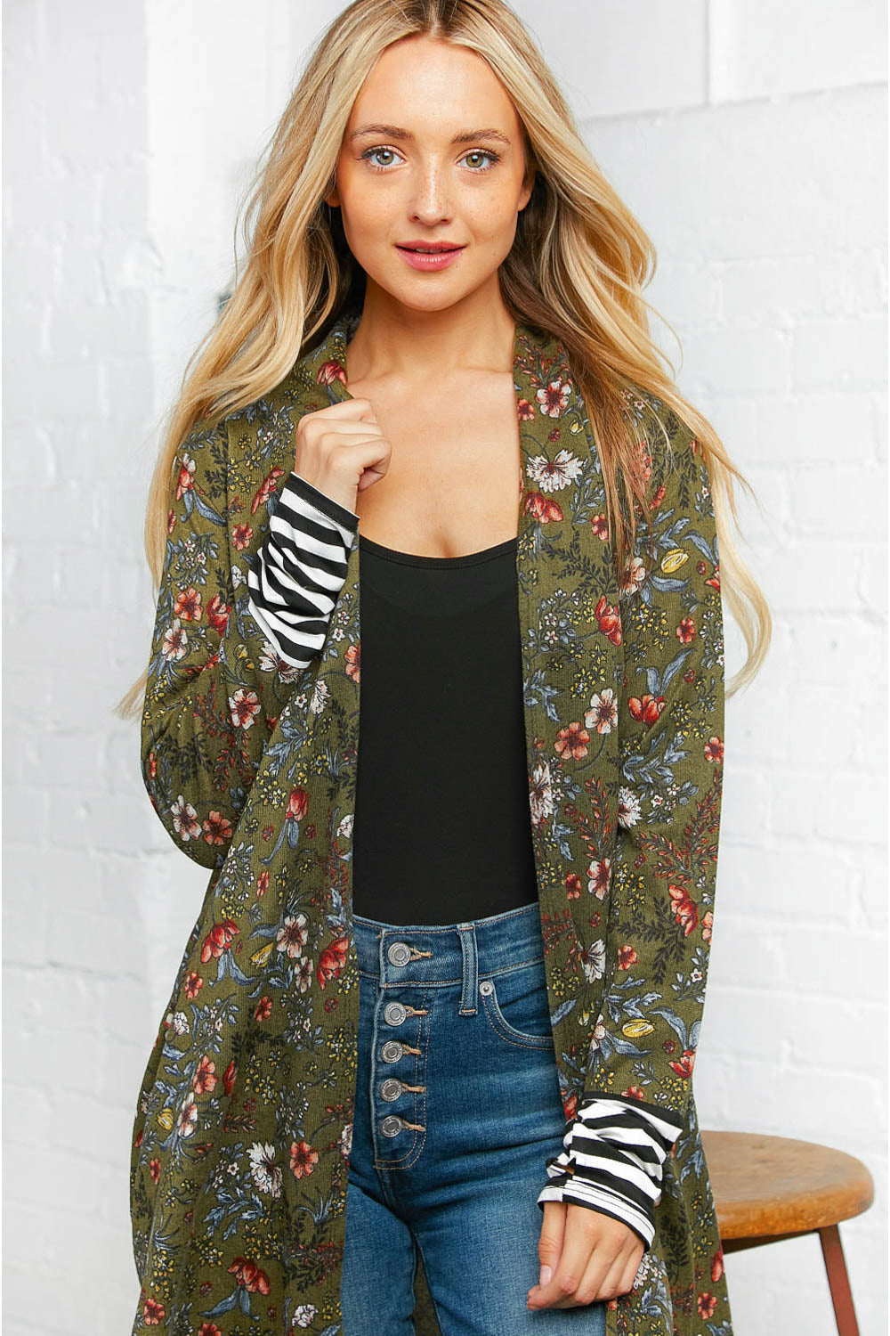 Emerald Floral Stripe Cardigan with Thumbholes