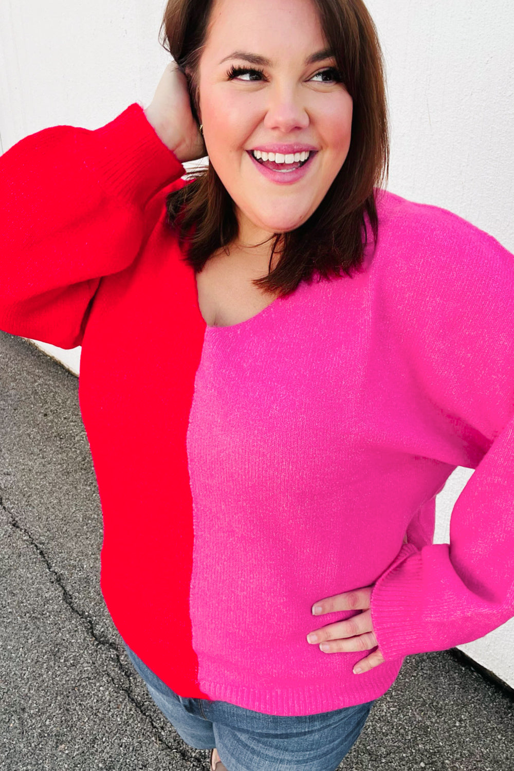 Red Fuchsia Half & Half V Neck Sweater