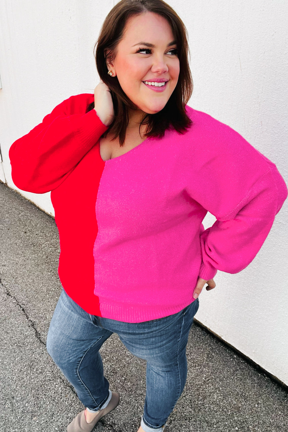 Red Fuchsia Half & Half V Neck Sweater