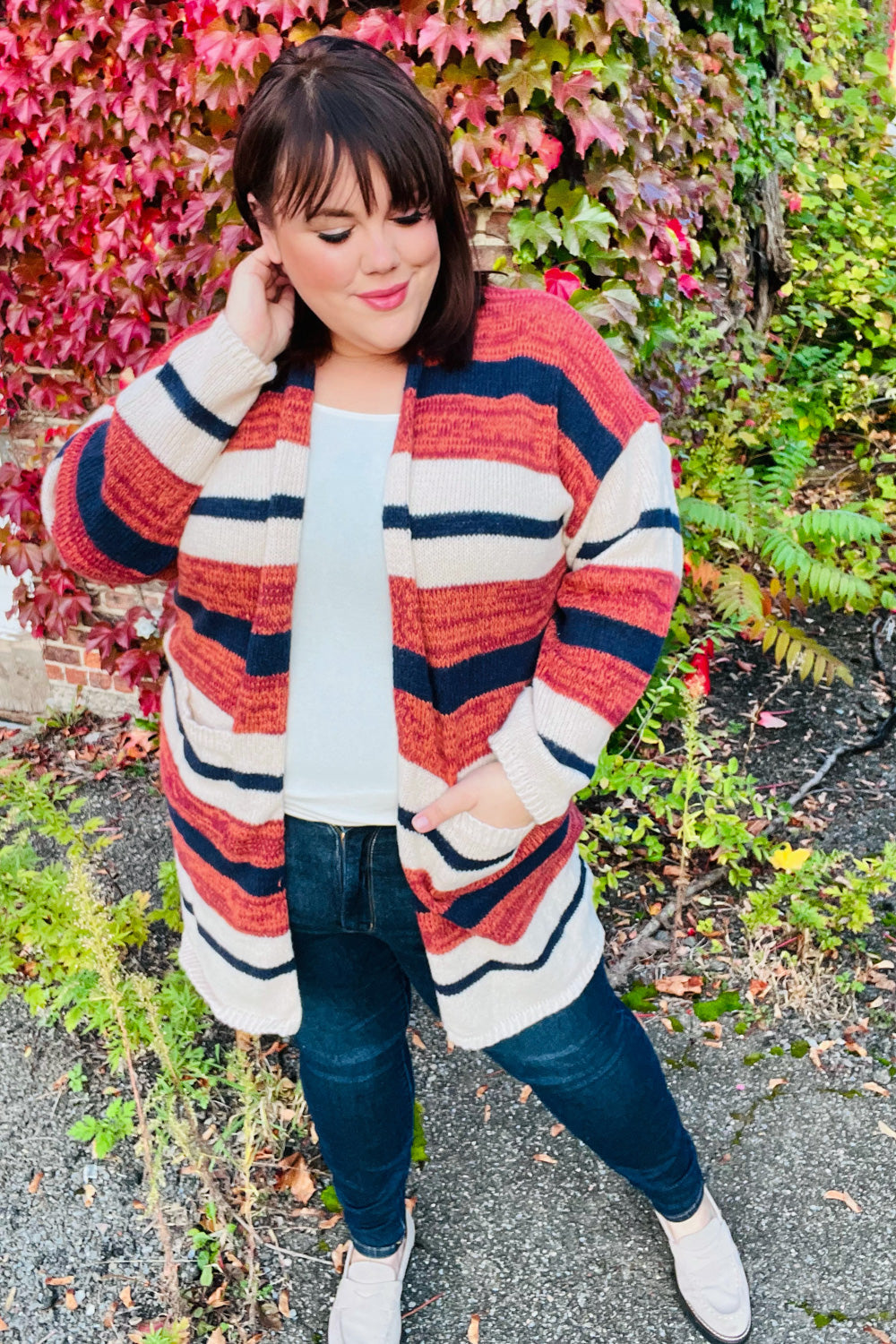 All Put Together Rust & Navy Striped Pocketed Cardigan