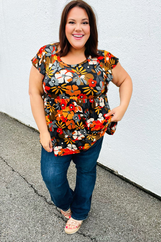 Burnt Orange Flat Floral Print Ruffle Sleeve Babydoll Top