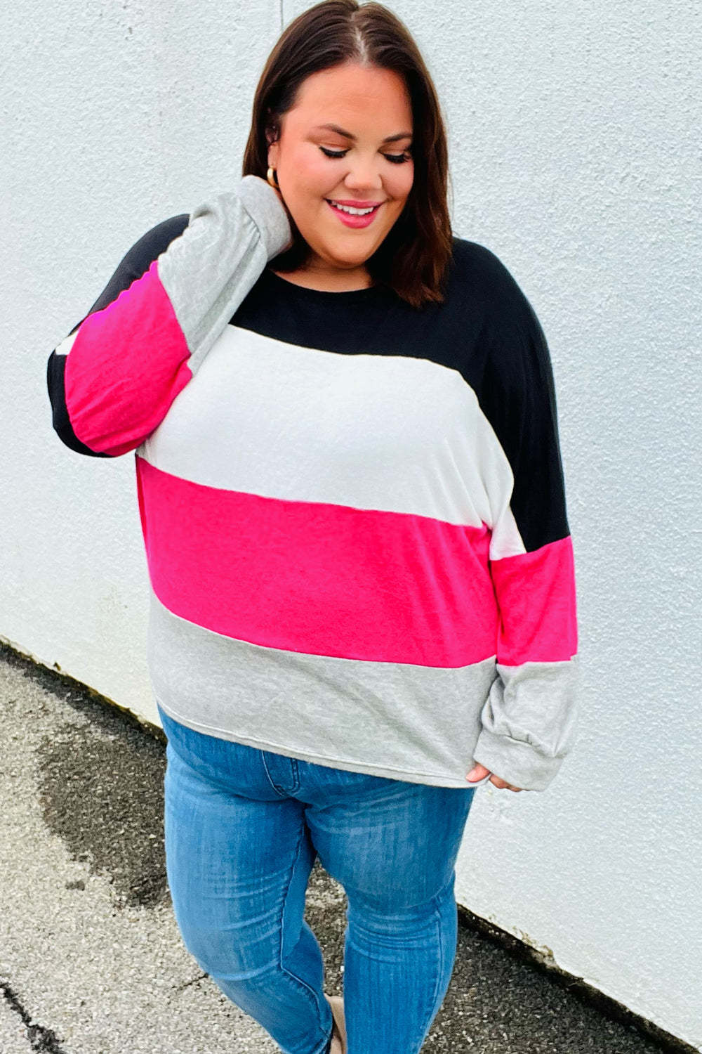 Fuchsia & Black Color Block Hacci Sweater Top