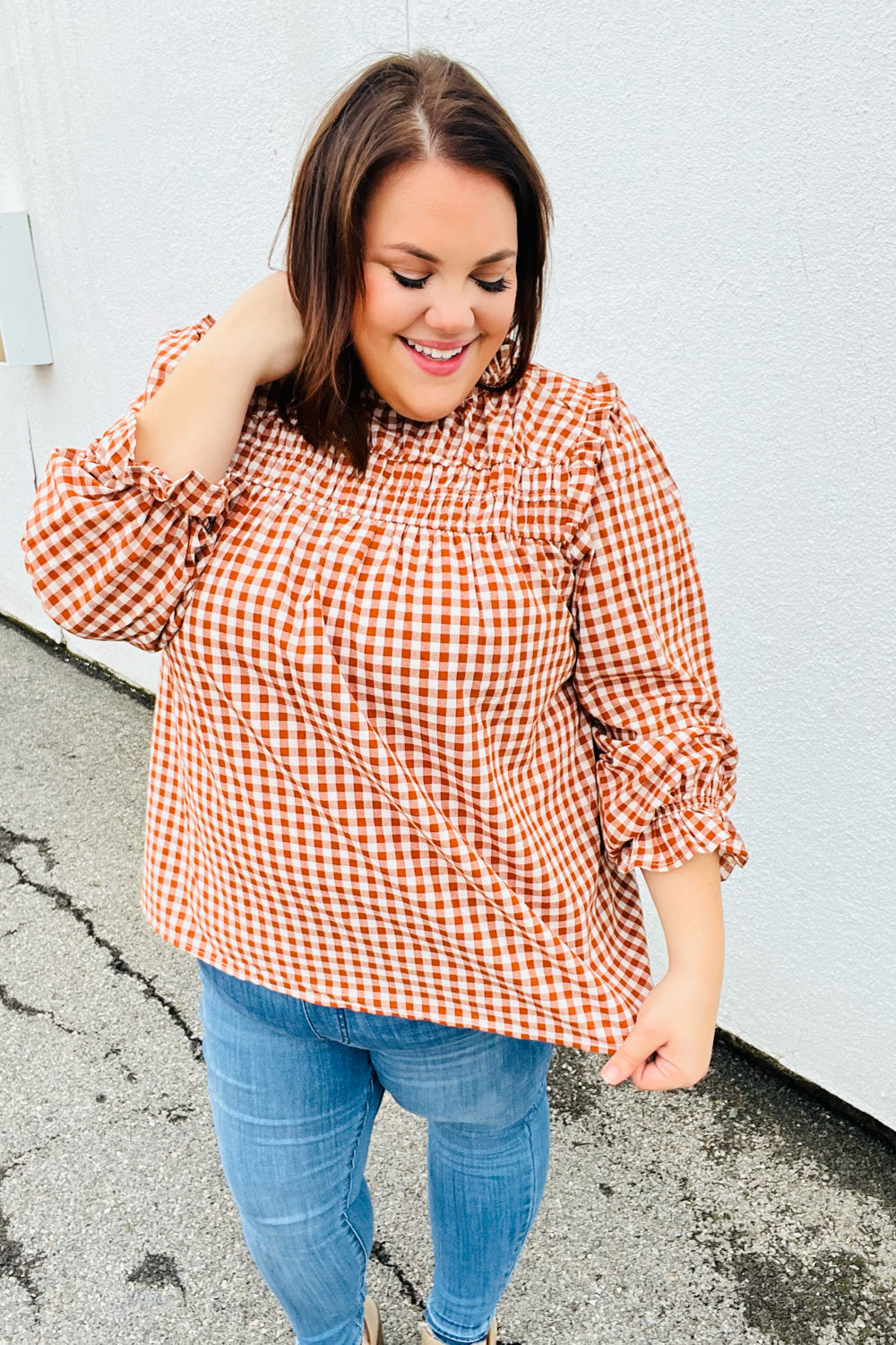 ADORABLE IN GINGHAM MOCK NECK TOP