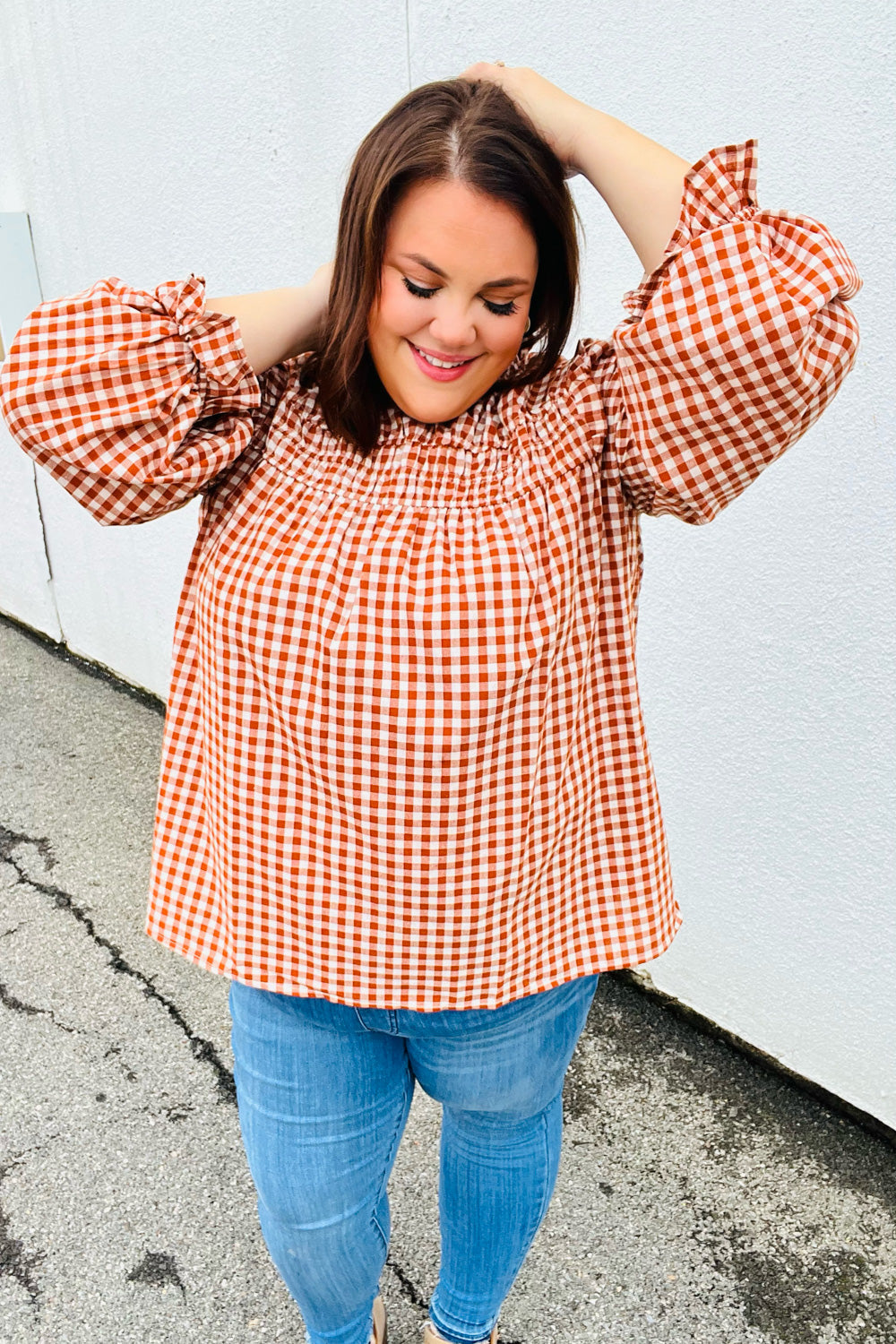 ADORABLE IN GINGHAM MOCK NECK TOP