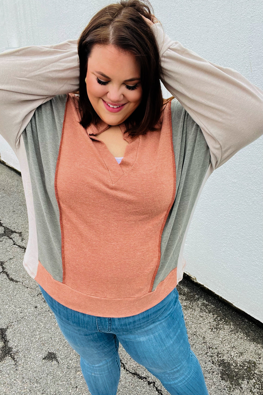 Weekend Bliss Rust & Olive Collared Terry Color Block Top