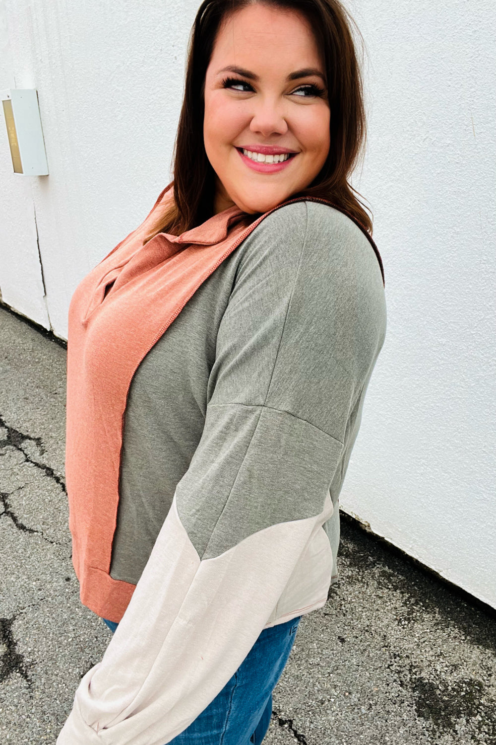 Weekend Bliss Rust & Olive Collared Terry Color Block Top