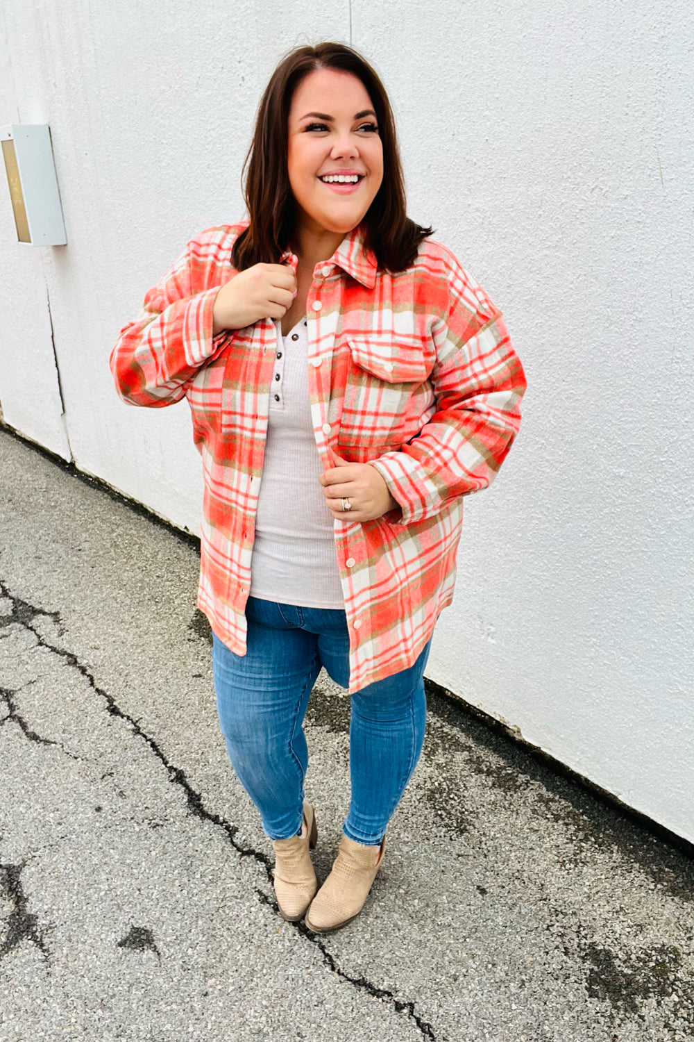 Layer Up Orange Plaid Flannel Button Down Shacket