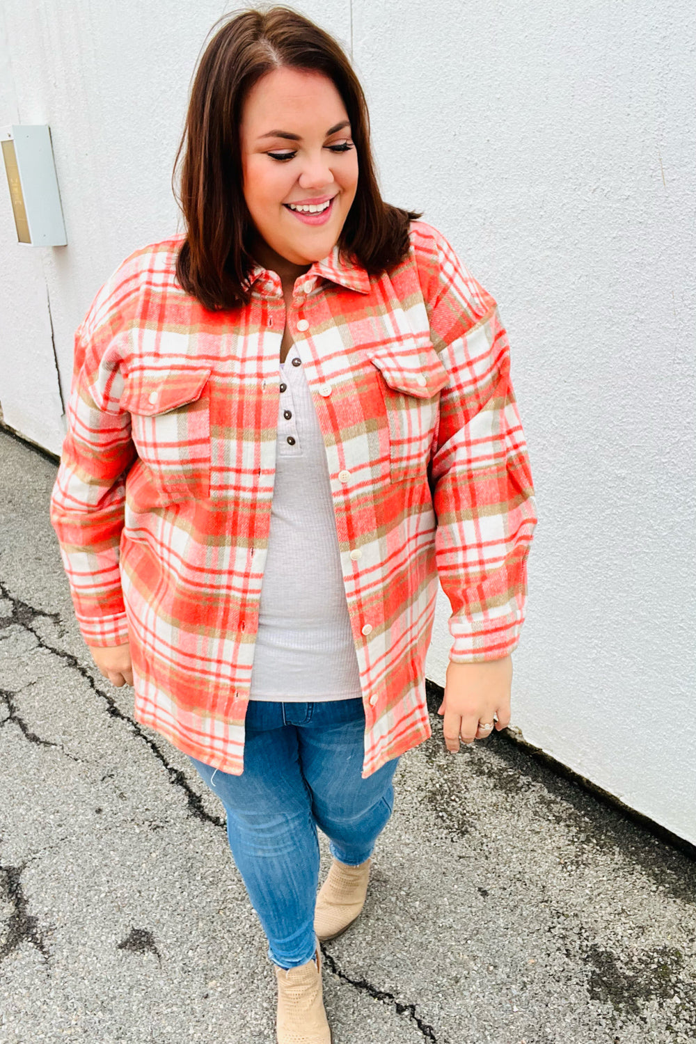 Layer Up Orange Plaid Flannel Button Down Shacket