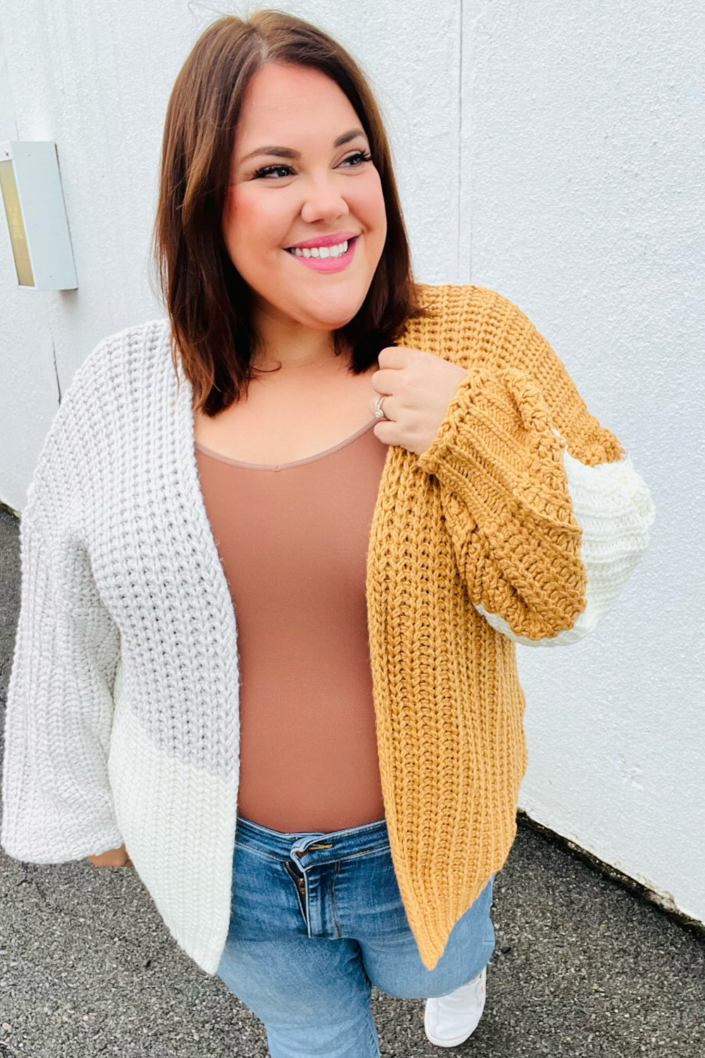 Face The Day Camel Color Block Chunky Knit Cardigan