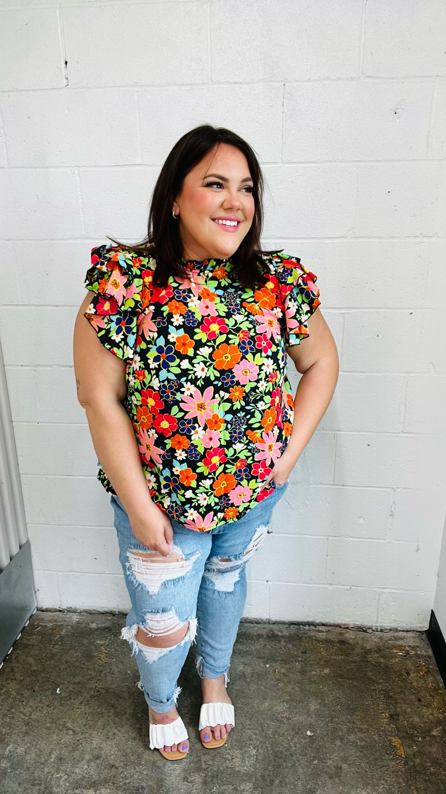 Vibrant Multicolor Floral Mock Neck Flutter Sleeve Top