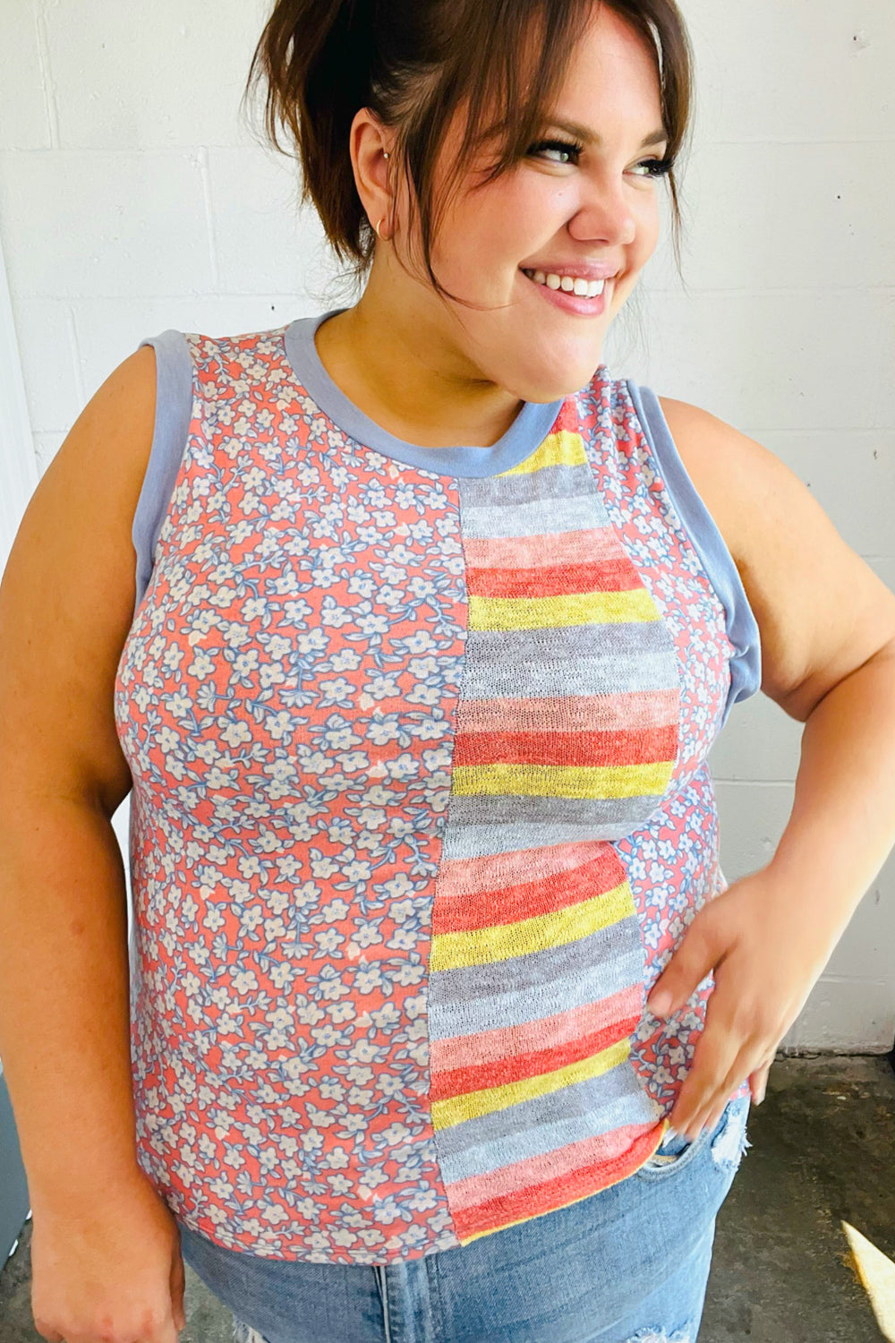 Coral & Denim Stripe Floral Print Tank Top