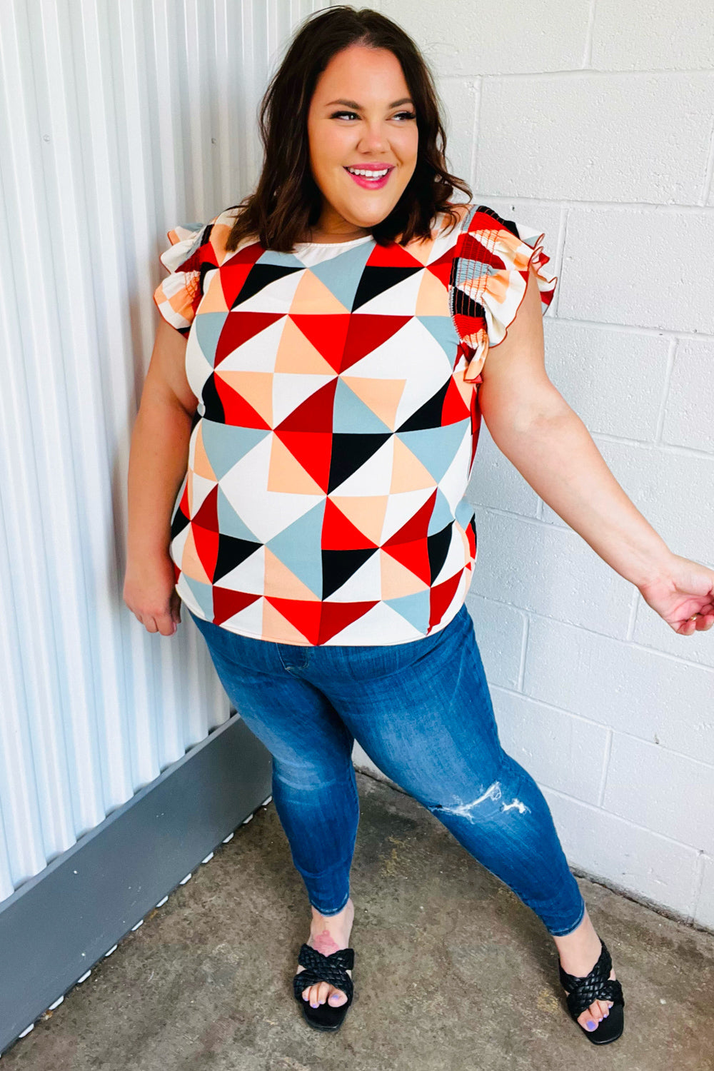 Ivory & Burnt Orange Geo Print Smocked Ruffle Frill Sleeve Top