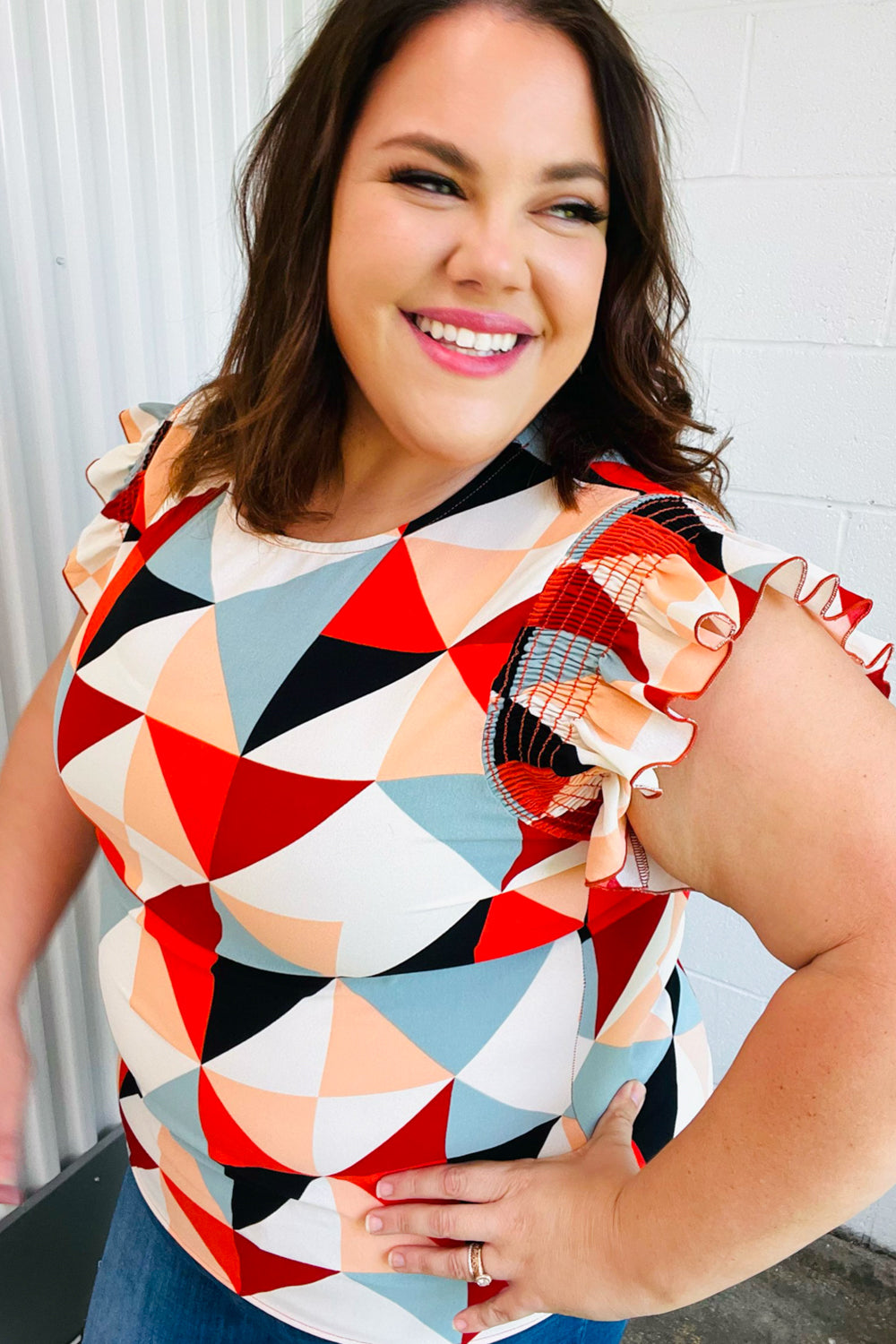 Ivory & Burnt Orange Geo Print Smocked Ruffle Frill Sleeve Top