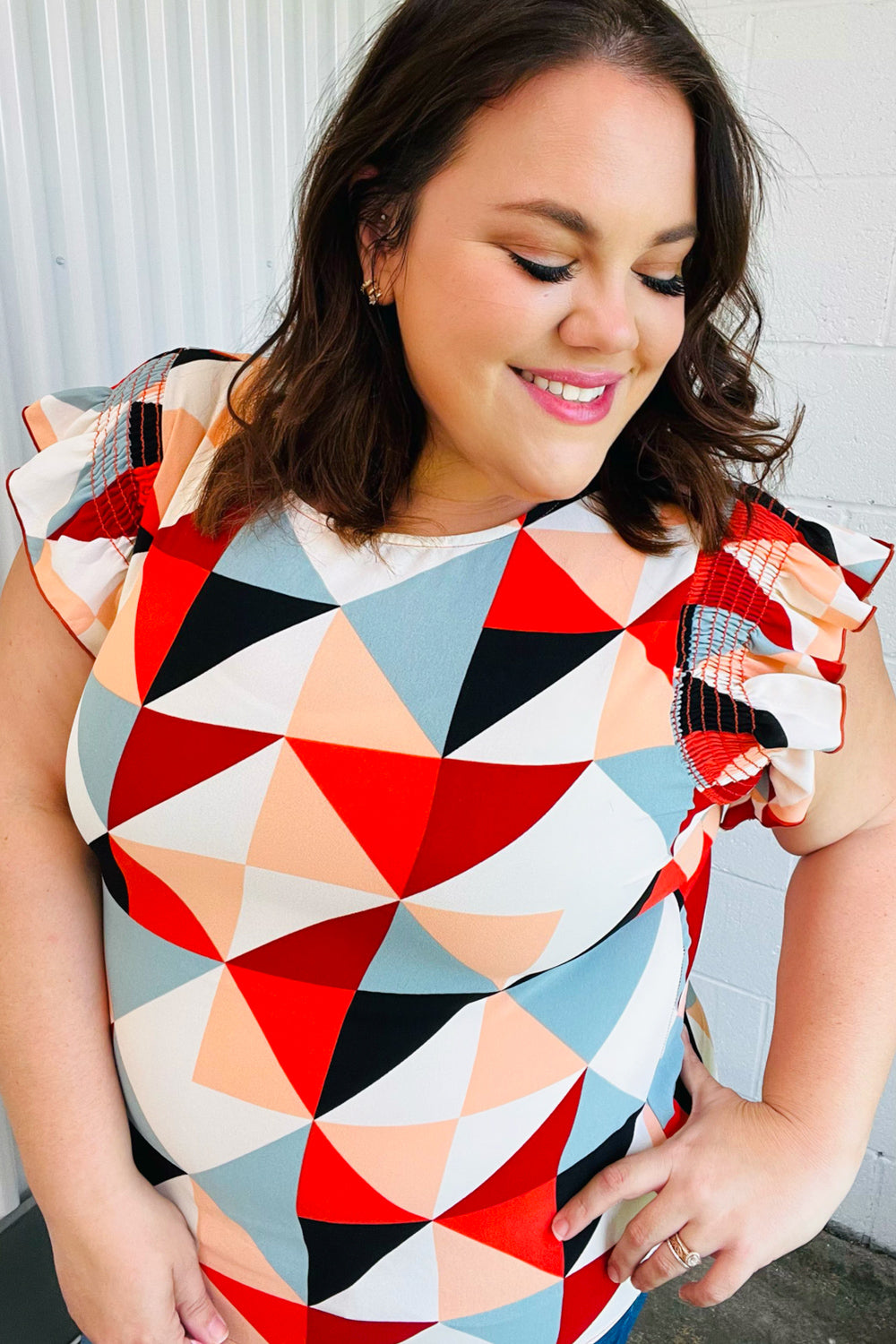 Ivory & Burnt Orange Geo Print Smocked Ruffle Frill Sleeve Top